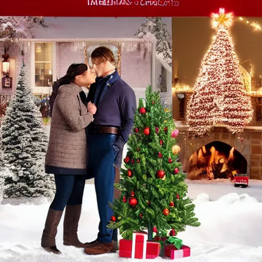 Prompt: hallmark made for tv Christmas movie scene where the couple is on top of the other couple unclothed and touching each other reality shot