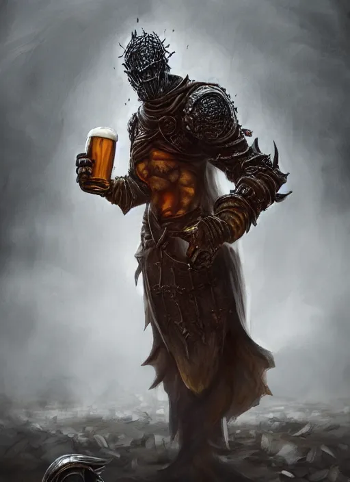 Prompt: chaos servant drinks beer, beer, glass, beer mug in hand, intricate, triumphantly, foggy background, full body art, dark souls, drawing, concept art, artstation, digital painting