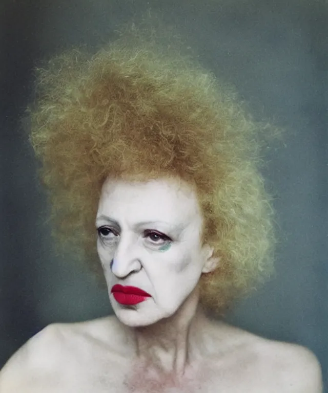 Image similar to a color photograph of nan goldin, by thomas ruff, platinum blond, intense, bold, exaggerated, ultra sharp, extra details, ultra high quality, trending on pinteresst