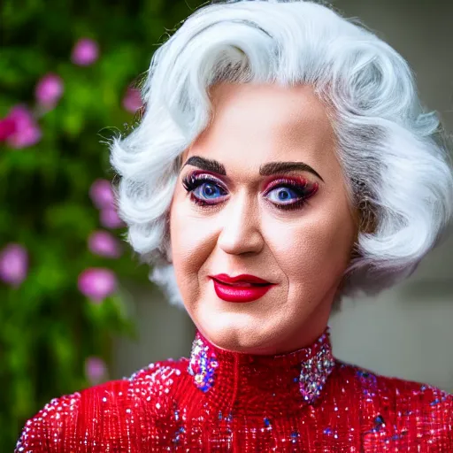 Image similar to old katy perry singer at age 9 0 years old, color ( sony a 7 r iv, symmetric balance, polarizing filter, photolab, lightroom, 4 k, dolby vision, photography award ), vogue, perfect face