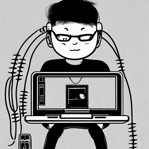 Image similar to illustration of a boy connected to his laptop with wires, highly detailed, by butcher billy, mcbess, rutkowski, james jean, 8 k, photorealistic