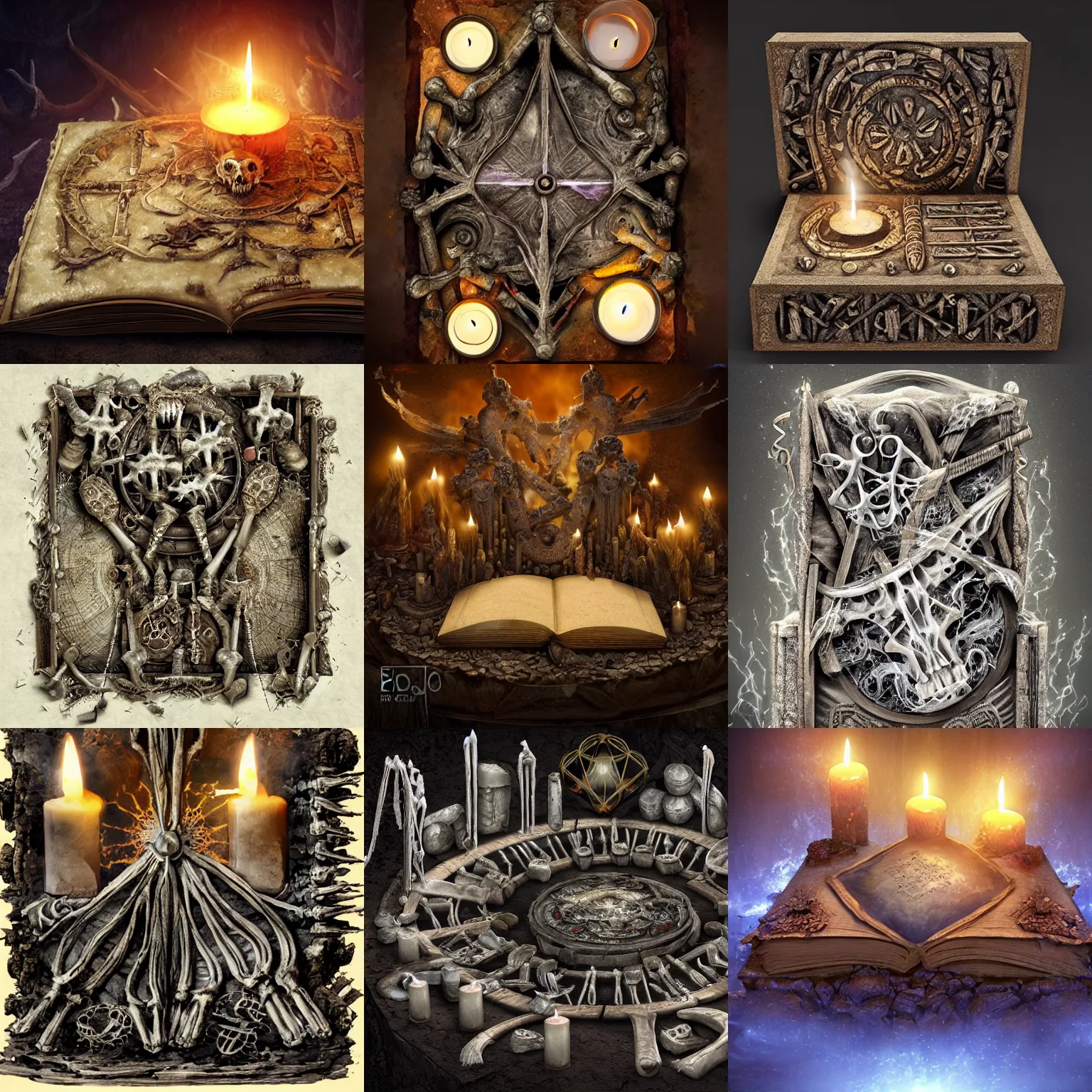 Prompt: magical ancient spellbook on an alter made of bones, by wojciech siudmak by eiq, cgsociety, glowing swirling mist, candles