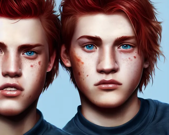 Image similar to portrait short and stocky of 1 9 - year - old male twins with red hair and freckles, two male, wearing shirts,, hyper realistic face, beautiful eyes, character art, art by mark brooks, hyperdetailed, cryengine, trending on artstation, digital art