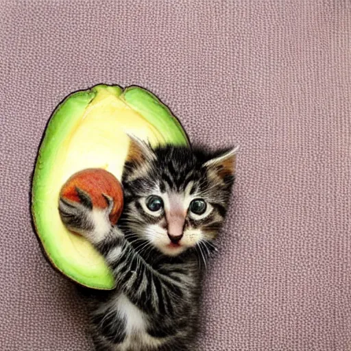 Prompt: kitten eats avocado