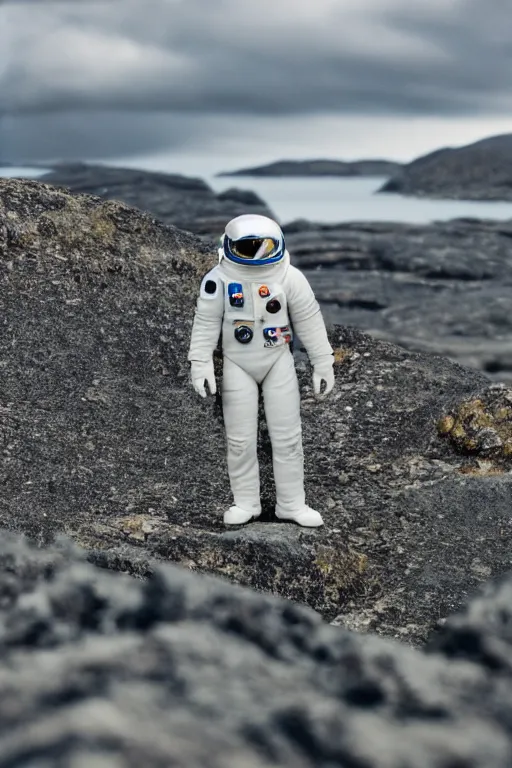 Prompt: futuristic astronaut standing in rocky landscape of Isle of Harris, Scotland, 35mm, photorealistic