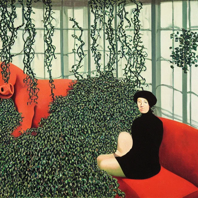 Image similar to a pathology student in her apartment, wrapped in vines, large stones, pig, black walls, black armchair, puddles, moss, acrylic on canvas, surrealist, by magritte and monet