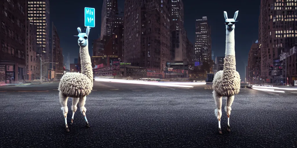 Image similar to a llama walking through a desolate manhattan city street at night, statue of liberty seen in the background, realistic 4 k octane beautifully detailed render, 4 k post - processing, highly detailed, detailed face, intricate complexity, epic composition, magical atmosphere, cinematic lighting, masterpiece, color picture, ultra hd