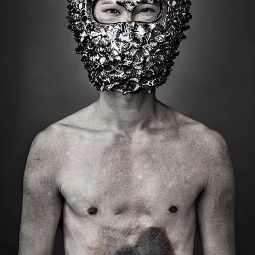 Image similar to a portrait of a beautiful young male wearing an alexander mcqueen armor made of ashes , photographed by andrew thomas huang, artistic