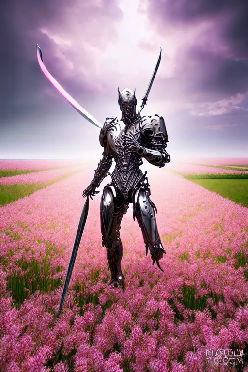 Image similar to ultrarealistic cinematic cyborg dragon holding sword in a field of pale pink flowers, highly detailed smooth digital art masterpiece, vitaly bulgarov artgerm dramatic light, ground angle uhd 8 k, sharp focus