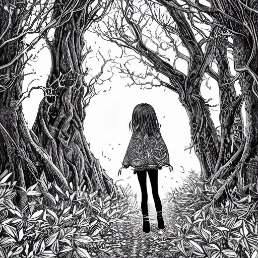 Prompt: a ultra detailed line art illustration of a red + haired + girl wandering alone in a mysterious forest, by thomke meyer and julia plath, intricate, fantasy, hyperdetailed