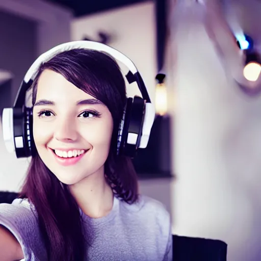 Prompt: female twitch streamer, cute, headphones, posing for selfie, photo