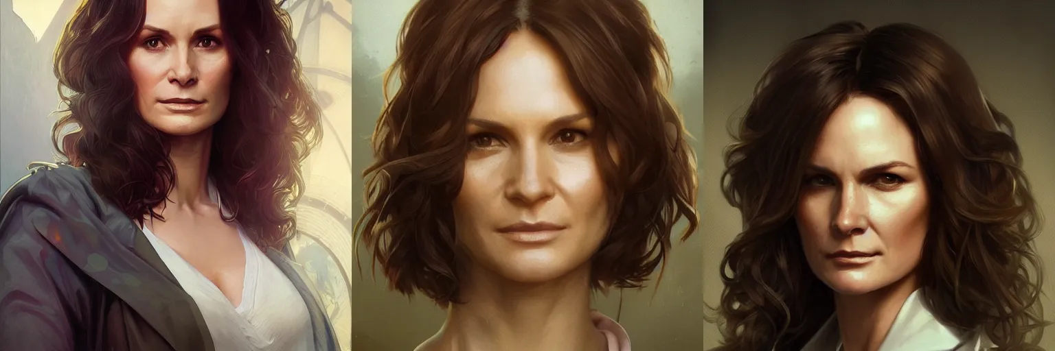 Prompt: portrait of Sarah Wayne Callies as a detective, highly detailed, digital painting, artstation, concept art, sharp focus, illustration, art by artgerm and greg rutkowski and alphonse mucha