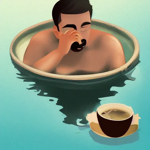 Image similar to A man swimming in a cup of coffee, digital art, trending on artstation