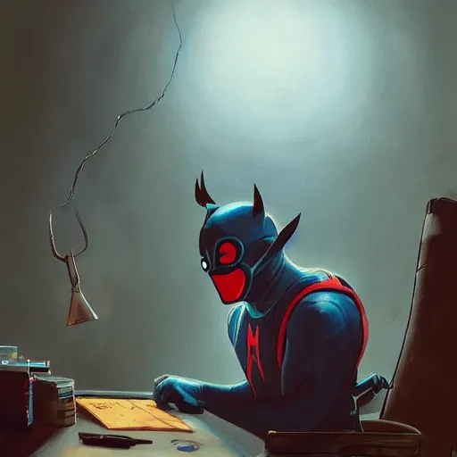 Image similar to a insanely detailed painting of a fat masked superhero wearing a costume sitting at a desk, staring at the nervously at the computer typing, in the style of peter mohrbacher, dramatic lighting and composition, trending on artstation, concept art, comic book
