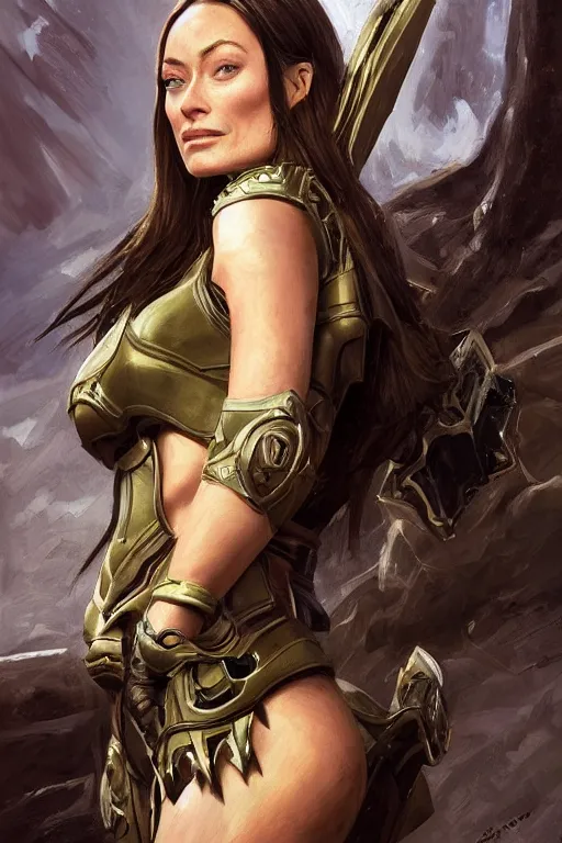 Image similar to a professional painting of a young Olivia Wilde, clothes in military armor, olive skin, long dark hair, beautiful bone structure, symmetrical facial features, intricate, elegant, digital painting, concept art, smooth, sharp focus, illustration, from StarCraft by Ruan Jia and Mandy Jurgens and Artgerm and William-Adolphe Bouguerea