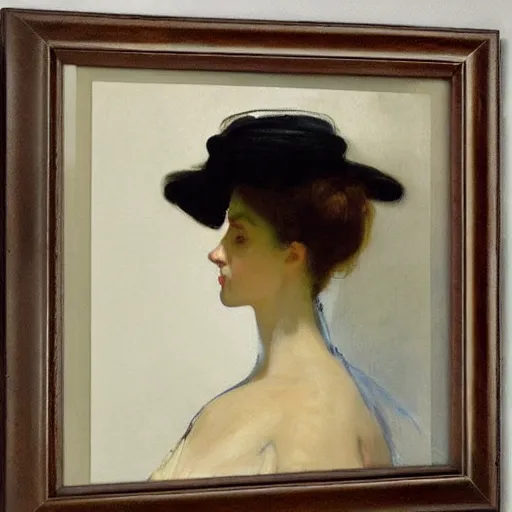 Prompt: woman wearing a big hat, by john singer sargent.
