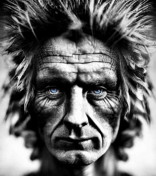 Prompt: Award winning Editorial photograph of an Early-medieval figure with incredible hair and fierce hyper-detailed eyes by Lee Jeffries and David Bailey, 85mm ND 4, perfect lighting, dramatic highlights, wearing traditional garb, gelatin silver process