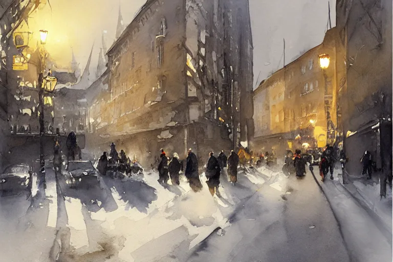 Prompt: abstract watercolor painting of stockholm street, magic diamond crystal winter, traditional, cinematic light, sharp shadows, daylight, national romanticism by anders zorn, by greg rutkowski, by greg manchess