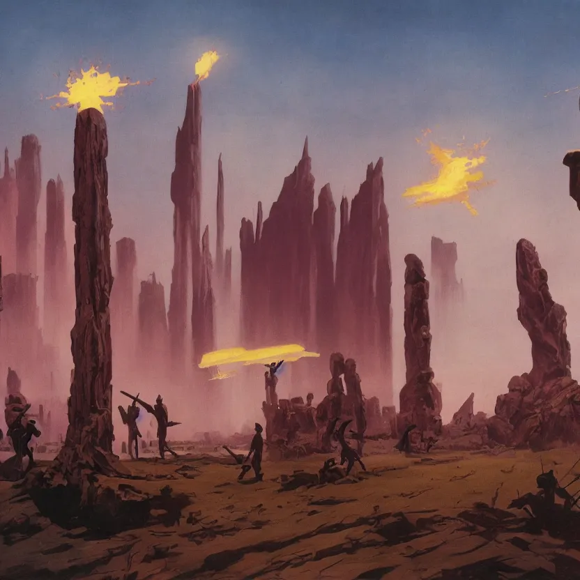 Prompt: a baseball field with ancient monoliths with glowing runes. highly detailed science fiction painting by daniel romanovsky, frank frazetta, and syd mead. rich colors, high contrast, gloomy atmosphere, dark background.