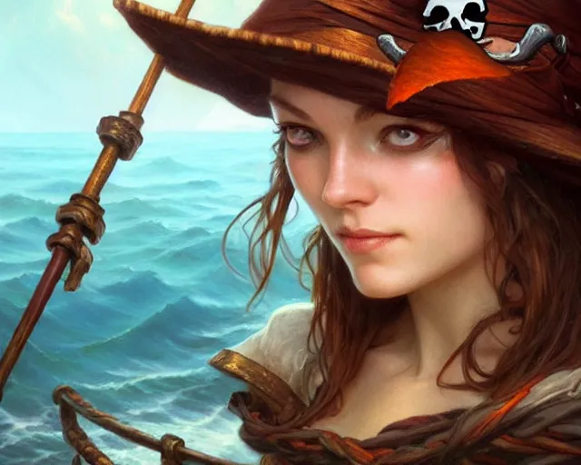 Prompt: pirate hat floating in the sea, low view shot, close up, deep focus, d & d, fantasy, intricate, elegant, highly detailed, digital painting, artstation, concept art, matte, sharp focus, illustration, hearthstone, art by artgerm and greg rutkowski and alphonse mucha