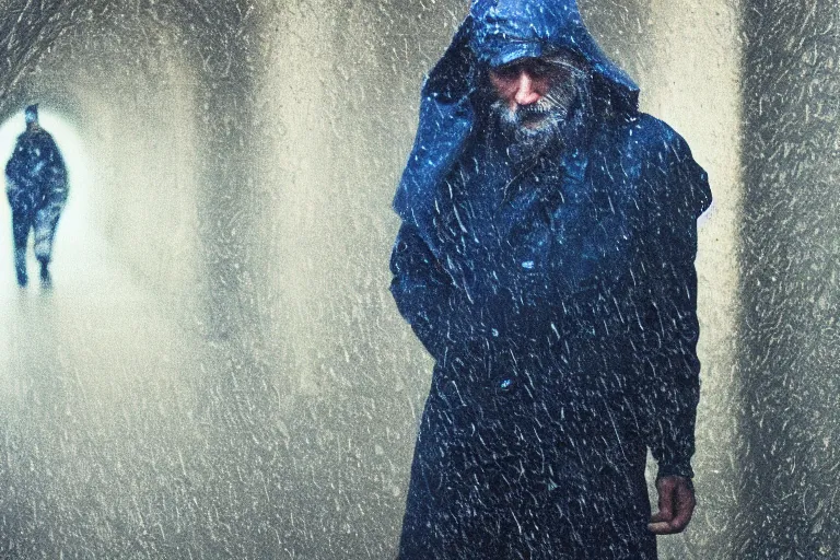 Prompt: a cinematic headshot photograph of a beautiful homeless war veteran, stood in a tunnel, rain, film still, cinematic, dramatic lighting, blue color theme, by bill henson and annie leibovitz