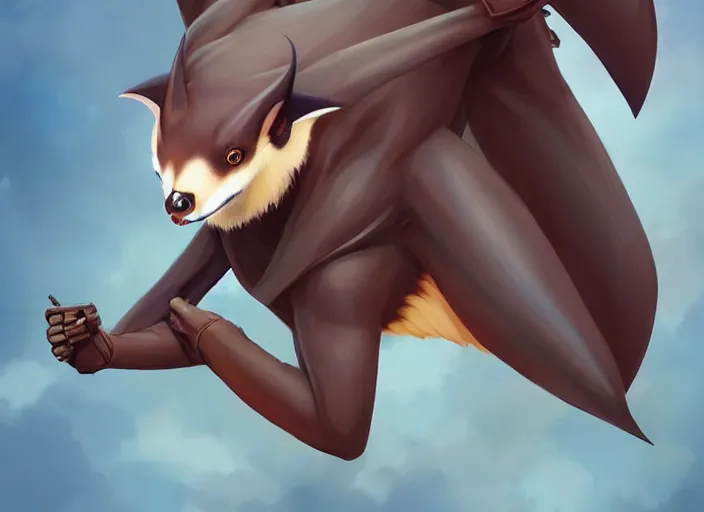 Prompt: character portrait feature of the anthro male anthropomorphic flying fox fruit bat fursona wearing airline pilot outfit uniform professional pilot for delta airlines character design stylized by charlie bowater, ross tran, artgerm, and makoto shinkai, detailed, soft lighting, rendered in octane