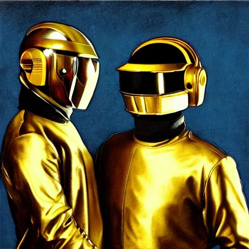 Prompt: a medieval panting of Daft Punk.