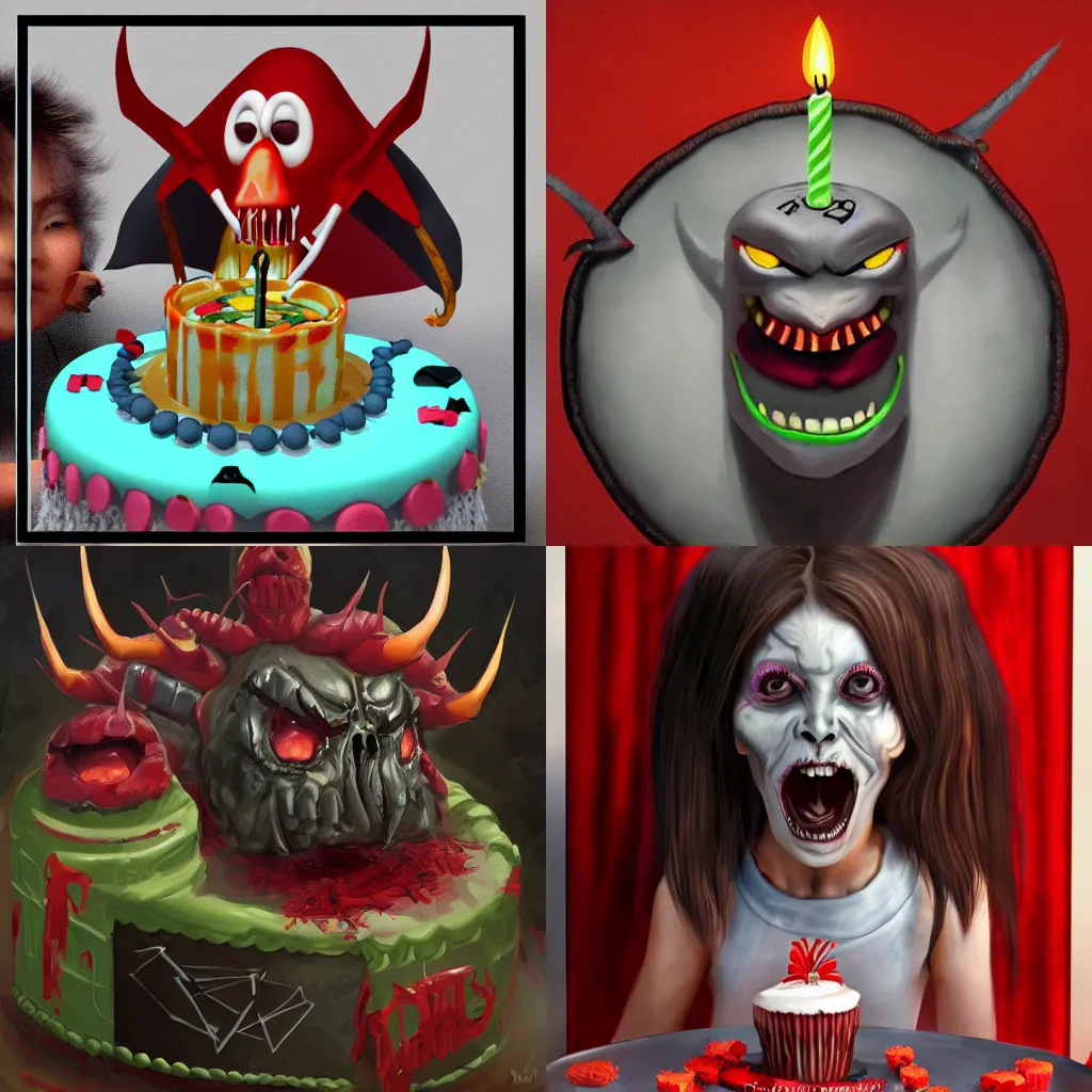 Prompt: the spawn of Satan gets a lovely birthday cake. Digital painting, artstation, high quality, 4k