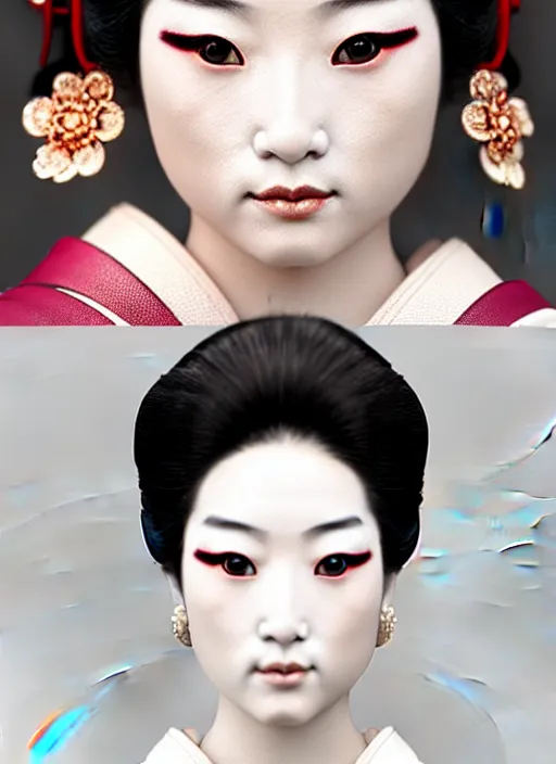 Prompt: Geisha photo portrait, pearlescent skin, diffuse lighting, classical, intricate, elegant pose, highly detailed, lifelike, photorealistic, artstation, different point of view, smooth, sharp focus, photorealistic, soft diffuse lights, canon 5D 50 mm lens