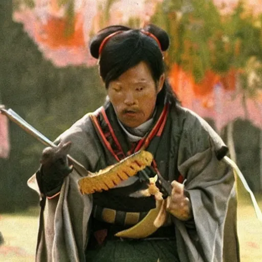 Image similar to a samurai eating a delicious hot dog, scene from Kagemusha, 1980, movie still, cinematic,