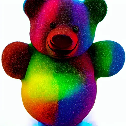 Image similar to high quality photo of a giant gummi bear made in rainbow colors in front of a white background