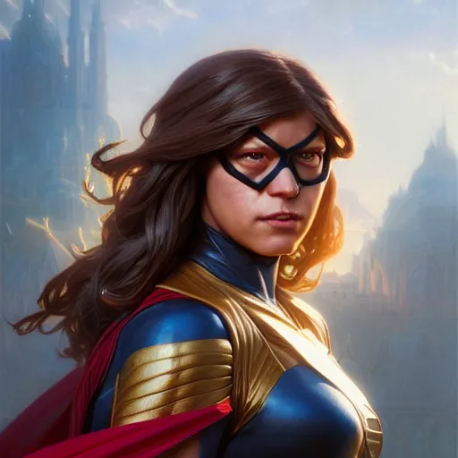 Image similar to portrait painting of ms. marvel as a warrior fairy, ultra realistic, concept art, intricate details, eerie, highly detailed, photorealistic, octane render, 8 k, unreal engine. art by artgerm and greg rutkowski and charlie bowater and magali villeneuve and alphonse mucha