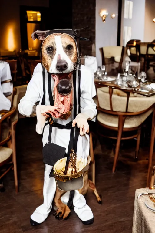 Prompt: a dog - headed waiter at the reception of a fancy restaurant