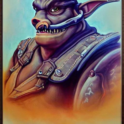 Image similar to soft airbrush art of an orc driving a motorcycle