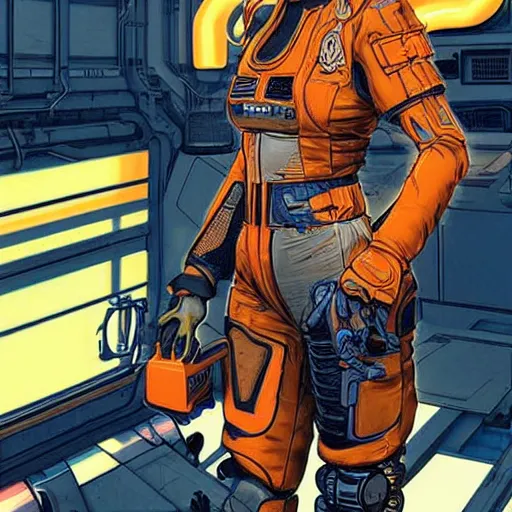 Image similar to cyberpunk mechanic lady in a jumpsuit with robotic feet. orange and black color scheme. concept art by james gurney and mœbius. apex legends character art. gorgeous face.