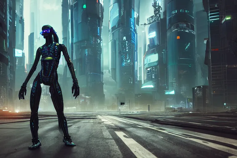 Image similar to cyberpunk alien concept inspired street, futuristic look, highly detailed body, very powerful, photorealistic camera shot, bright studio setting, studio lighting, crisp quality and light reflections, unreal engine 5 quality render