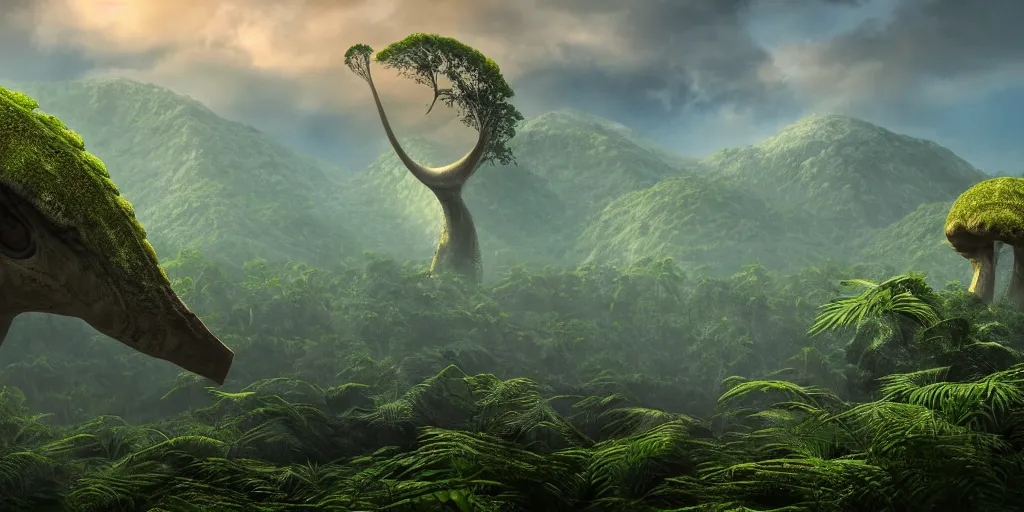 Image similar to a distant prehistoric fern jungle, a distant sauropod head in the background, mountains, clouds, volumetric lighting, hazy, washed out, an award winning digital render, beautiful, ultradetailed, hyperrealistic, great composition