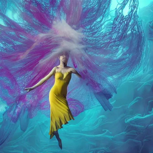 Image similar to woman dancing underwater wearing a flowing dress made of blue, magenta, and yellow seaweed, delicate coral sea bottom, swirling silver fish, swirling smoke shapes, octane render, caustics lighting from above, cinematic, hyperdetailed