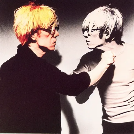 Image similar to andy warhol punching andy warhol, art by andy warhol