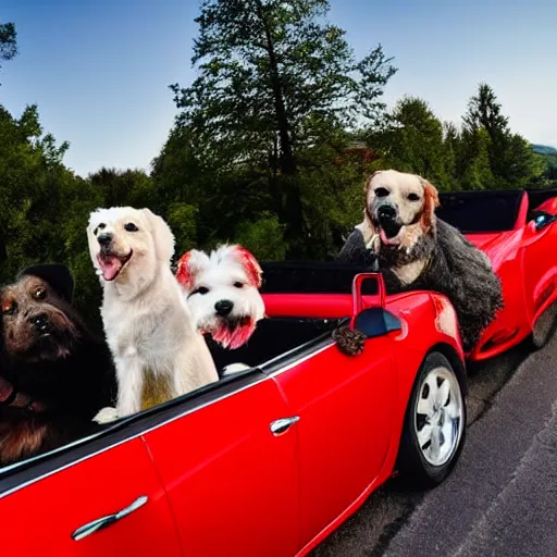 Prompt: four dogs driving a convertible red car on road