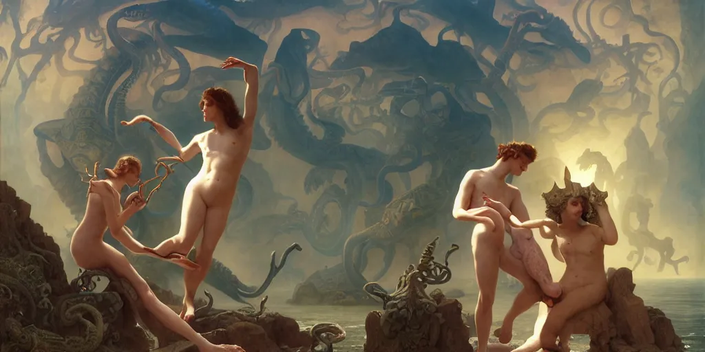 Image similar to Fantasy fairytale story, Great Leviathan Turtle, cephalopod, Cthulhu Squid, Mysterious Island, center Universe, accompany hybrid, Mystical, Anubis Warrior Boy, Reptilian Cyborg, Atlantean, intense fantasy atmospheric lighting, hyperrealistic, William-Adolphe Bouguereau, François Boucher, Jessica Rossier, Michael Cheval, michael whelan, Cozy, hot springs hidden Cave, Forest, candlelight, natural light, lush plants and flowers, Spectacular Mountains, bright clouds, luminous stellar sky, outer worlds, Golden dapple lighting, Solar Flare Unreal Engine, HD,