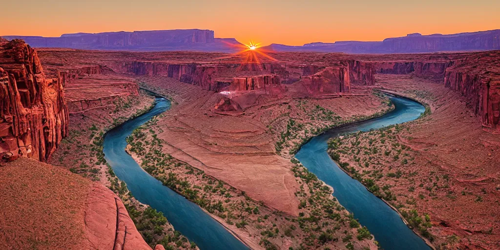 Image similar to “a river bend running through a canyon surrounded by desert mountains at sunset, moab, utah, a tilt shift photo by Frederic Church, trending on unsplash, hudson river school, photo taken with provia, national geographic photo”