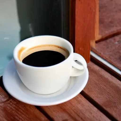 Prompt: A white cup filled with creamy coffee on a wooden table beside a window at sunrise