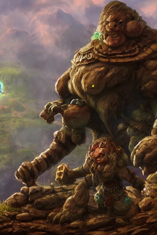 Image similar to zelda fantasy art giant golem troll wood rock greeble gemstone, global illumination ray tracing hdr fanart arstation by sung choi and eric pfeiffer and gabriel garza and casper konefal