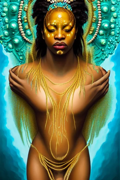 Prompt: hyperrealistic post - symbolist cinematic very beautiful! oshun goddess with white eyes, yoruba body paint, dripping mirror droplet jewerly, gold flowers, highly detailed digital art masterpiece, smooth etienne sandorfi eric zener dramatic pearlescent soft teal light, ground angle uhd 8 k, sharp focus