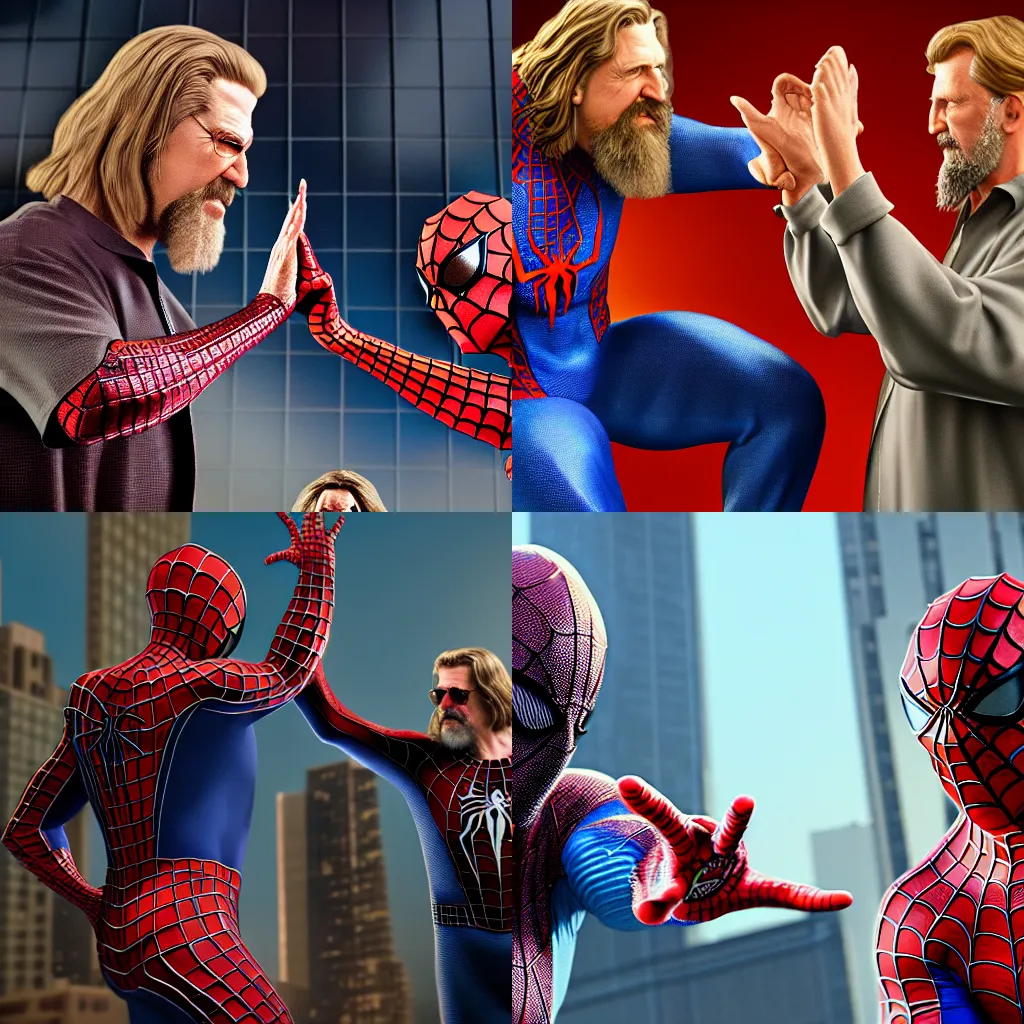 Image similar to the dude big lebowski and spiderman high fiving realistic 4k octane beautifully detailed render, 4k post-processing, highly detailed, intricate complexity, epic composition, magical atmosphere, cinematic lighting, masterpiece, ultra hd