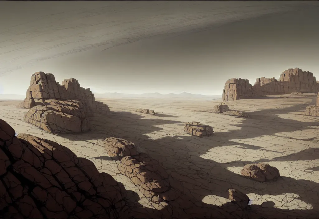 Image similar to The landscape of a gray barren land with dry gray land, enclosed in incredibly endlessly-gigantic smoothed rock walls. The walls are so far apart that they disappear over the horizon. Art by Finnian MacManus, Simon Stalenhag, Arthur Rackham. Masterpiece, fantasy art, cinematic, hyperdetailed, photorealistic, hyperrealism, octane rendering, 8k