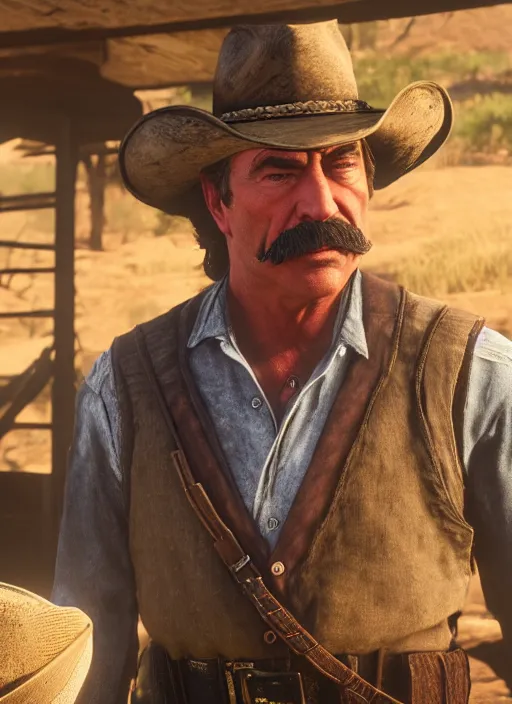 Prompt: film still of tom selleck as dutch van der linde in red dead redemption 2, gameplay, 8 k, hd