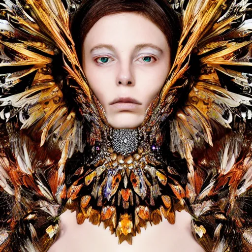 Image similar to a fantasy owl queen, beauty portrait, opulent costume inspired by iris van herpen