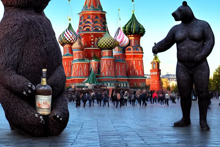 Image similar to a gigantic statue of bear holding a bottle of vodka in the middle of the red square, symmetry, awesome exposition, very detailed, highly accurate, 8 k, professional lighting diffracted lightrays, sense of awe